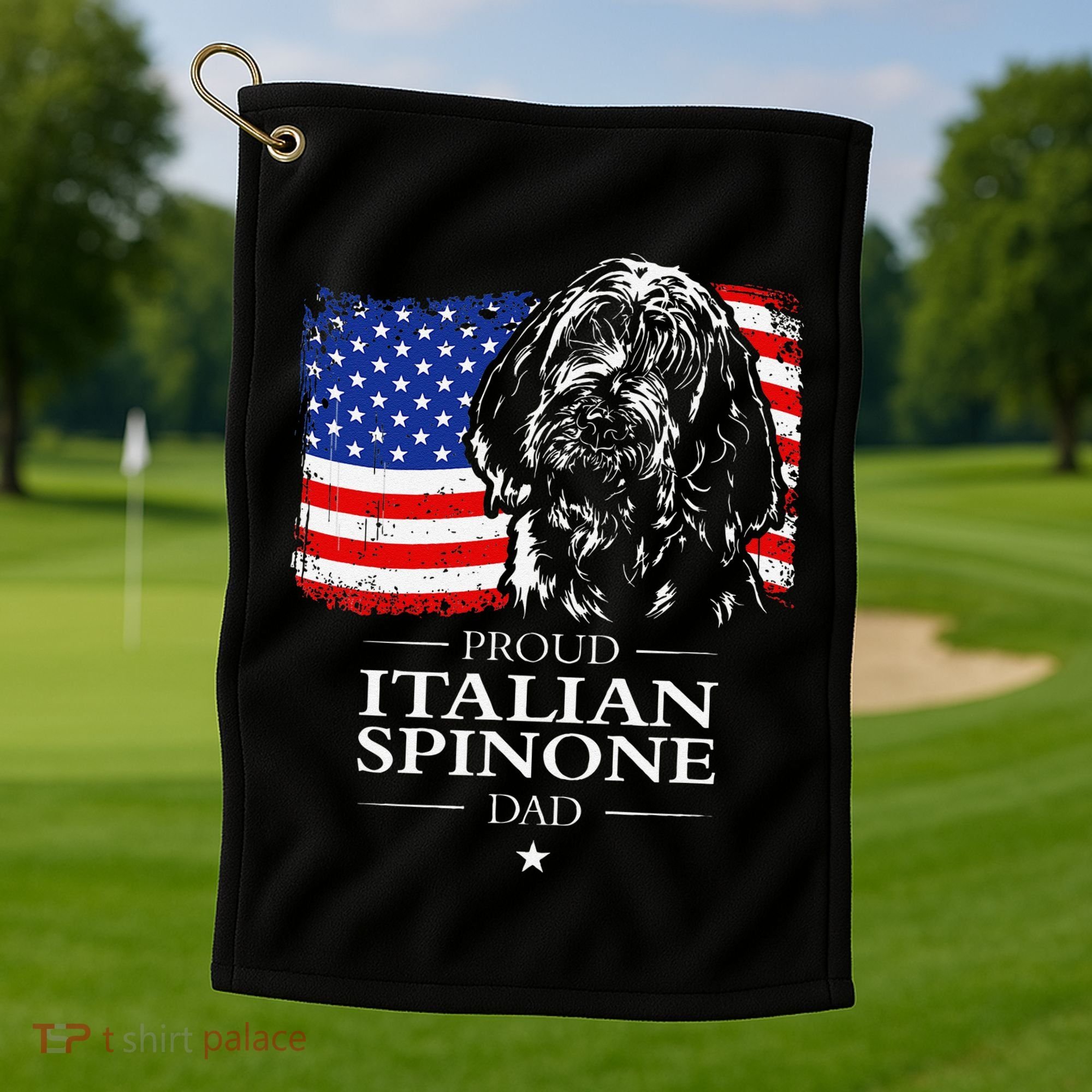 Proud Italian Spinone Dad American Flag Patriotic Dog Gift Golf Towel