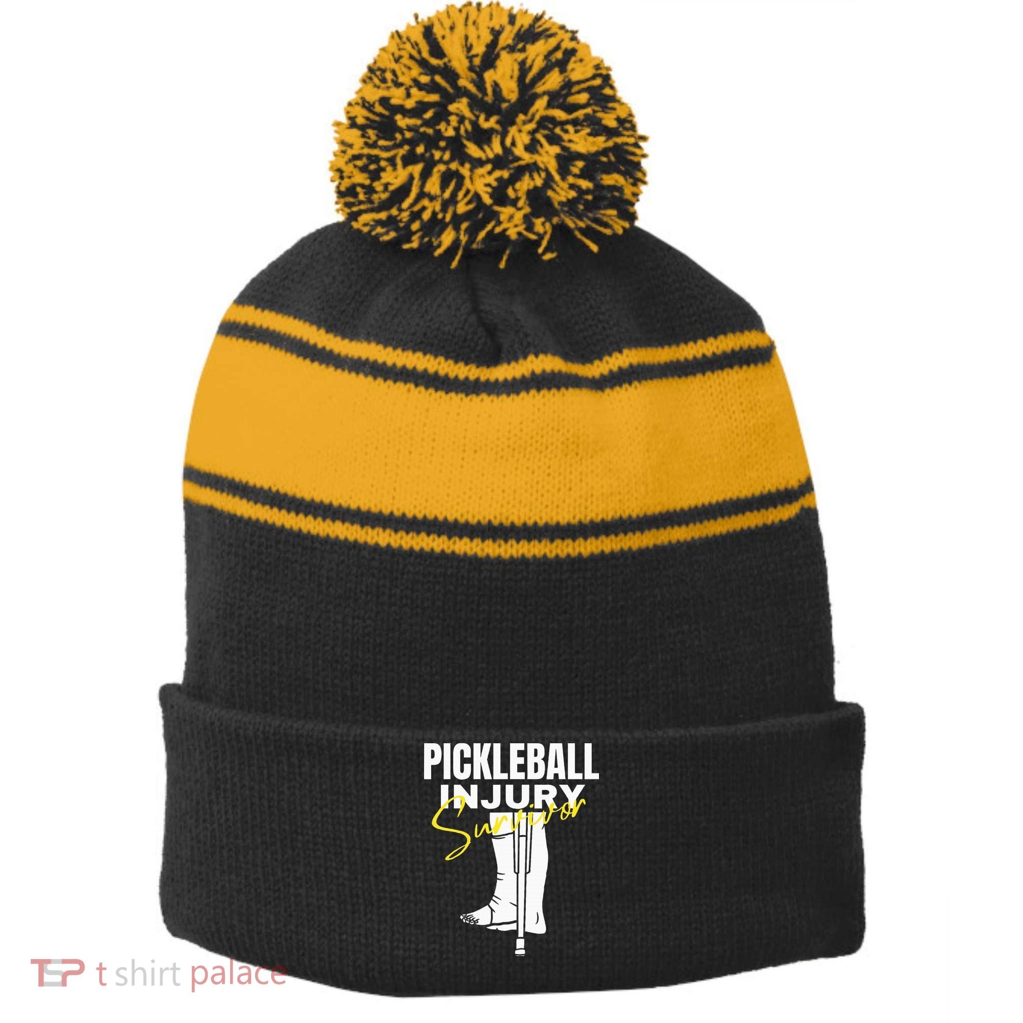 Pickleball Injury Survivor Funny Dink Player Team Paddleball Stripe Pom Pom Beanie