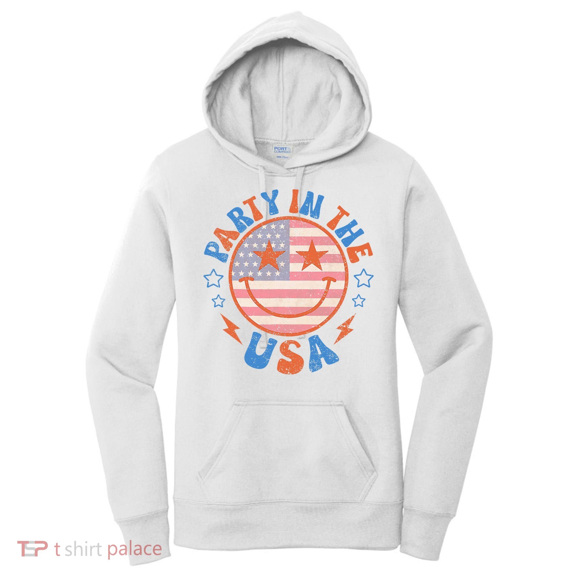 Party In The Usa Happy Face Smile American Flag 4th Of July Women's Hoodie