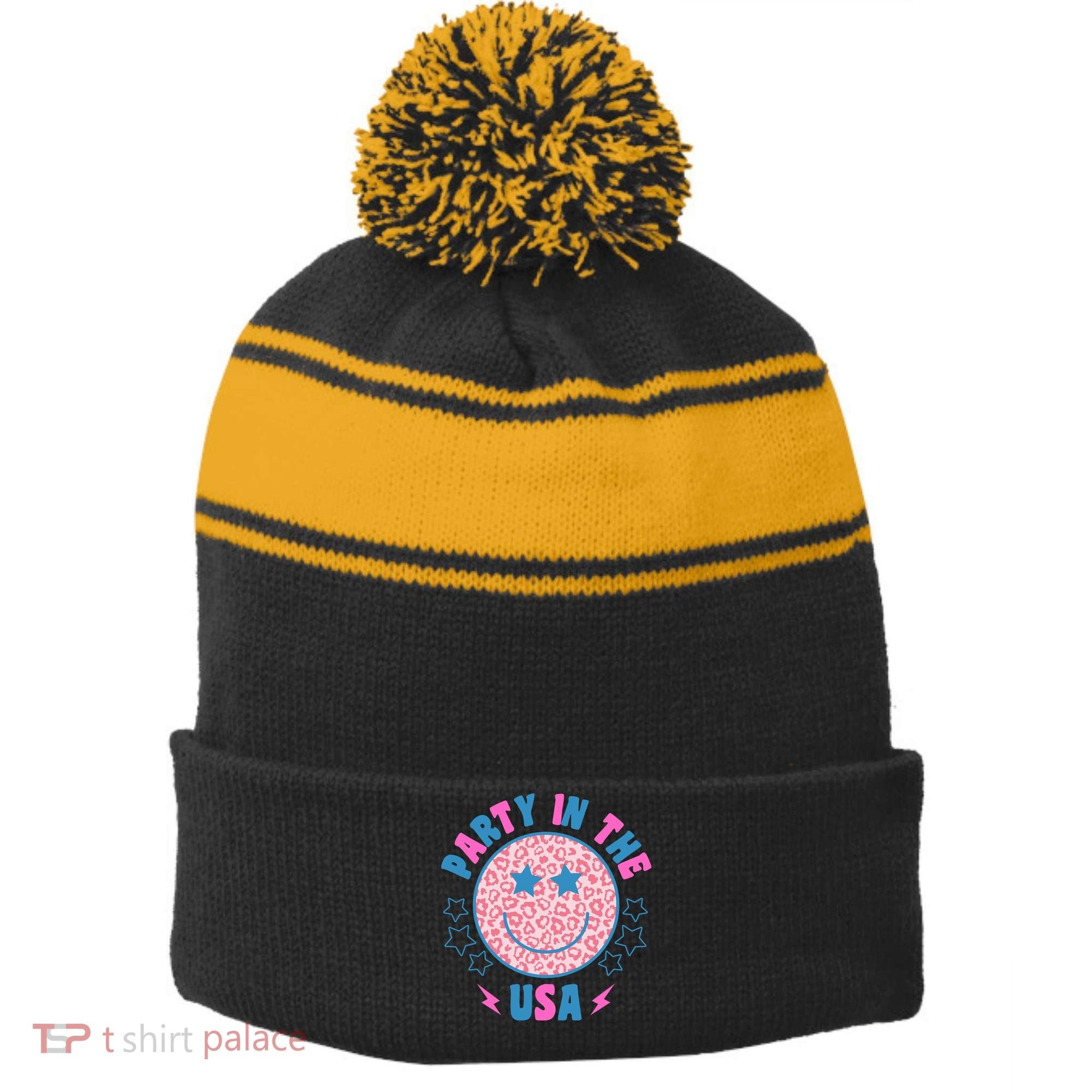 Party In The Usa Retro Star Smile Stripe Pom Pom Beanie