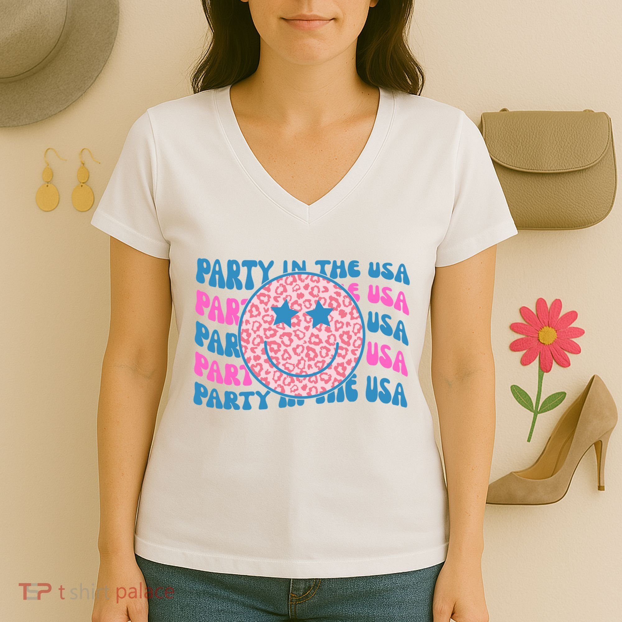 Party In The Usa Retro Smile Groovy Women's V-Neck T-Shirt