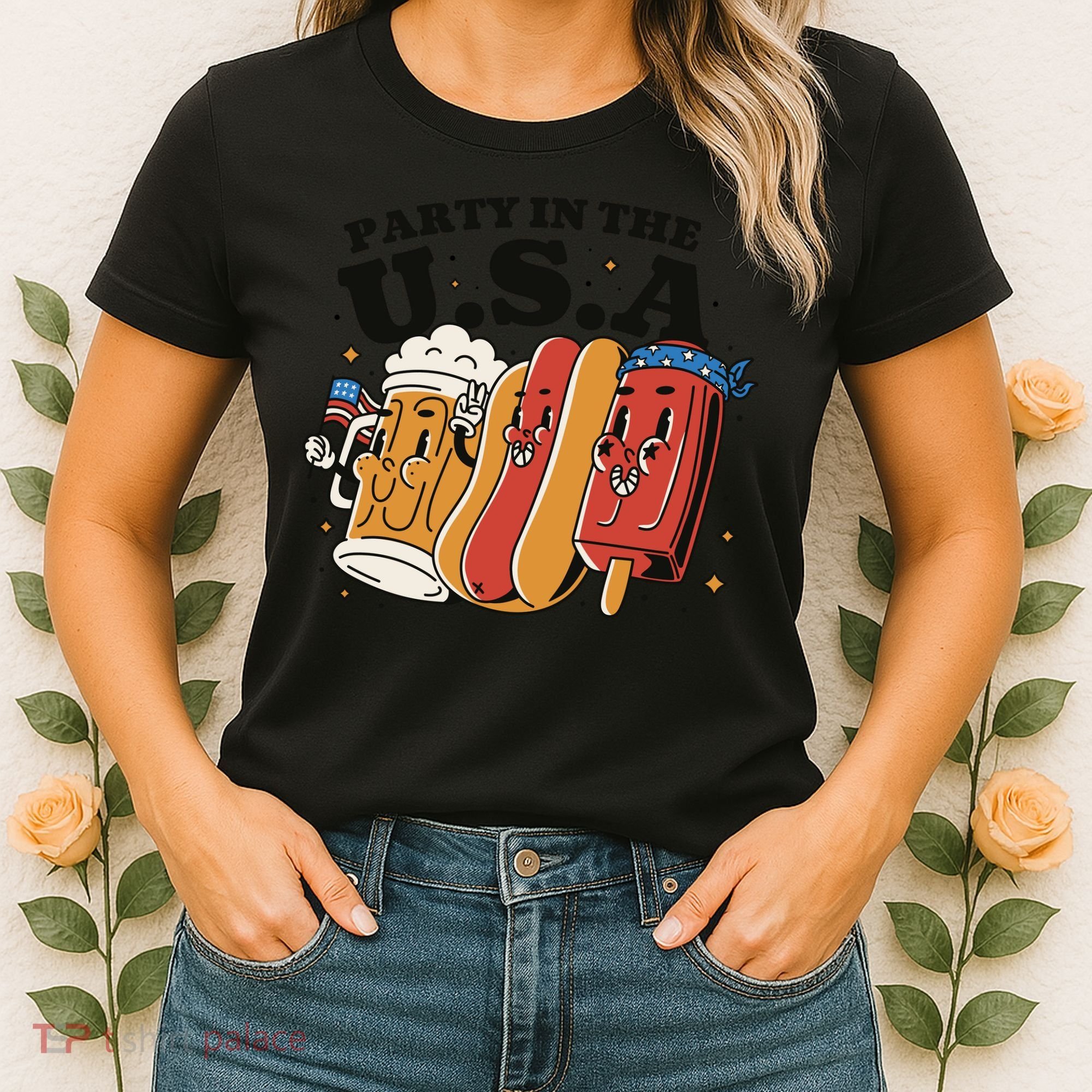 Party In The USA Hot Dog And Beer Funny Women's T-Shirt