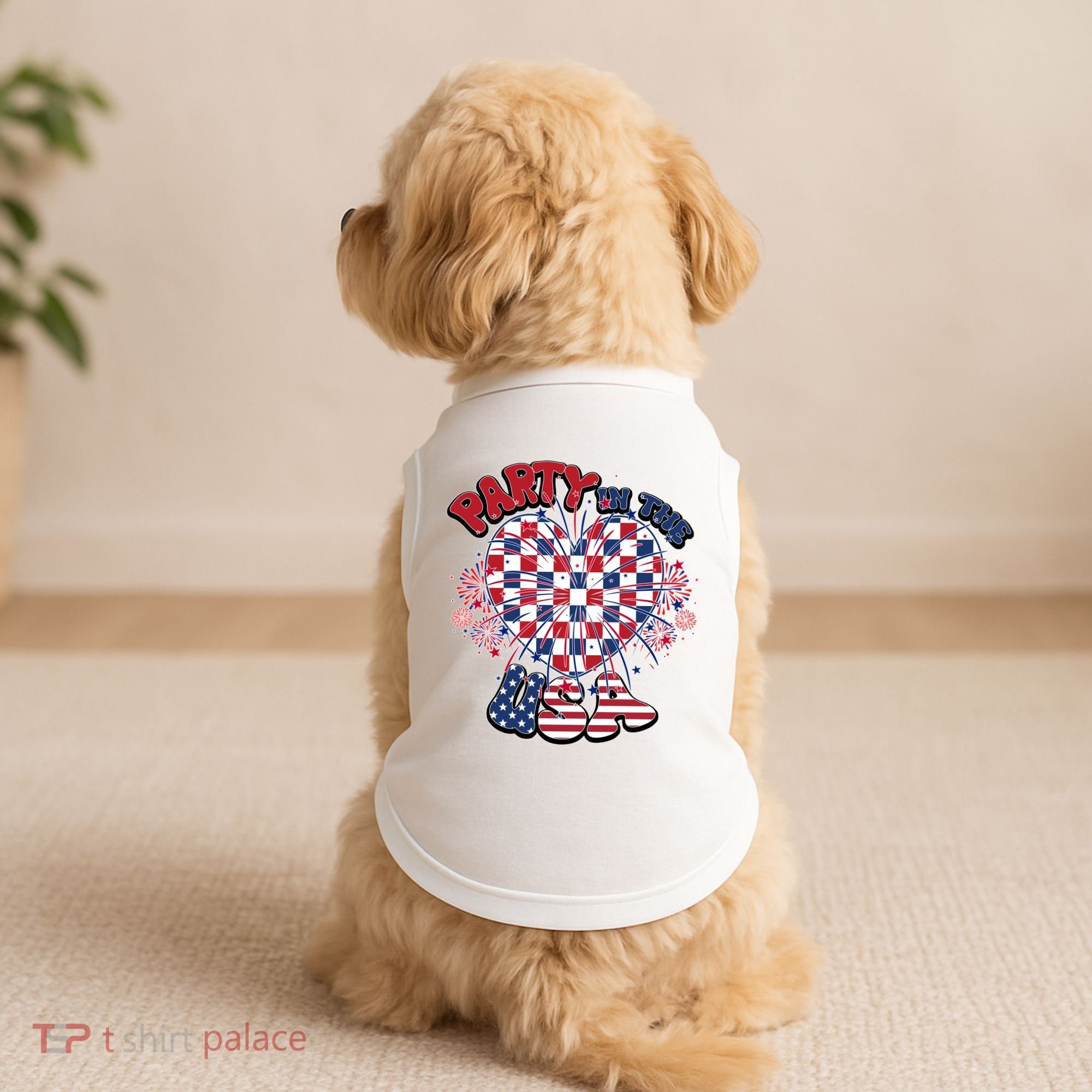 Party In The Usa Firework Red White Blue Heart Doggie Tank