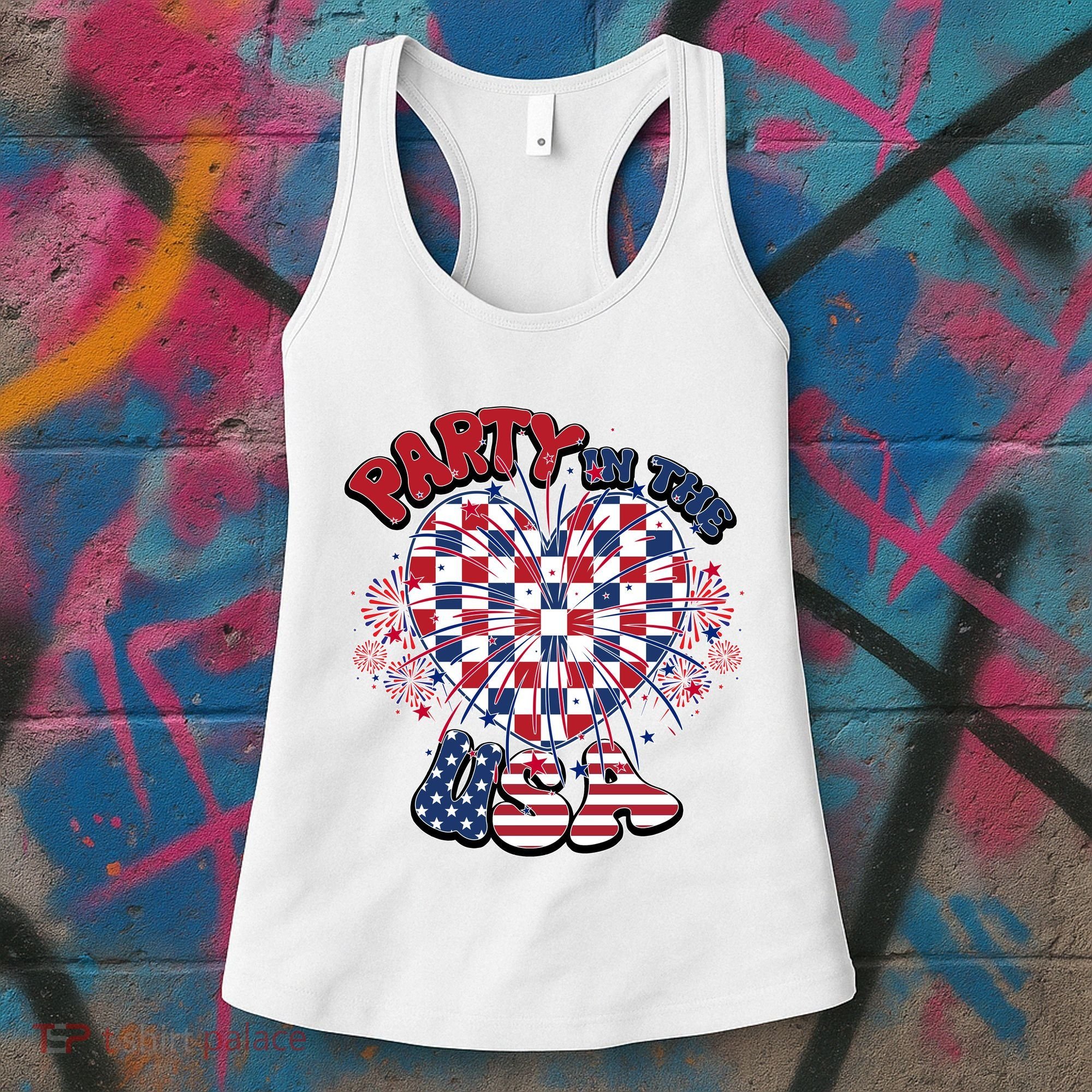 Party In The Usa Firework Red White Blue Heart Women's Tank Top