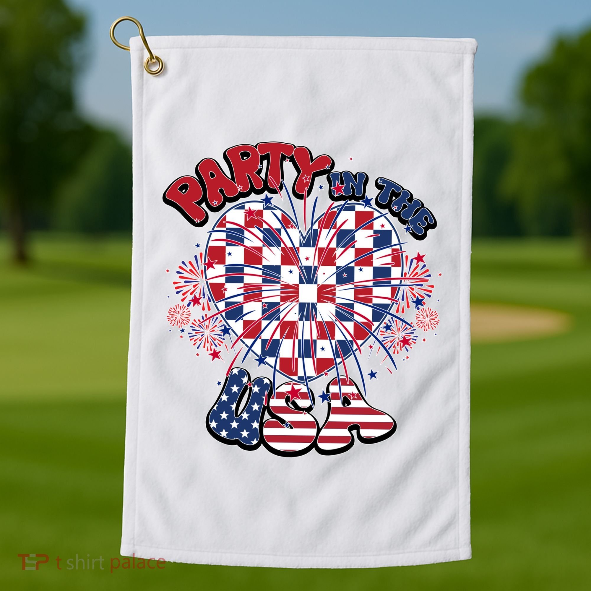 Party In The Usa Firework Red White Blue Heart Golf Towel