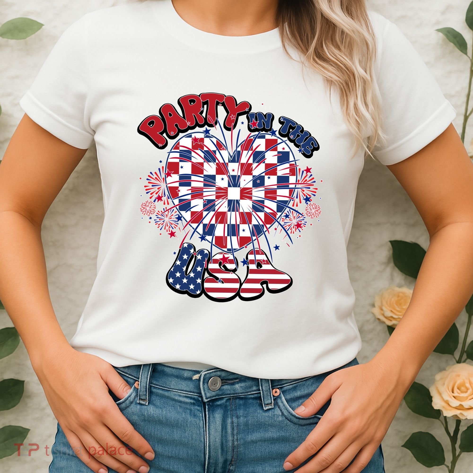 Party In The Usa Firework Red White Blue Heart Women's T-Shirt
