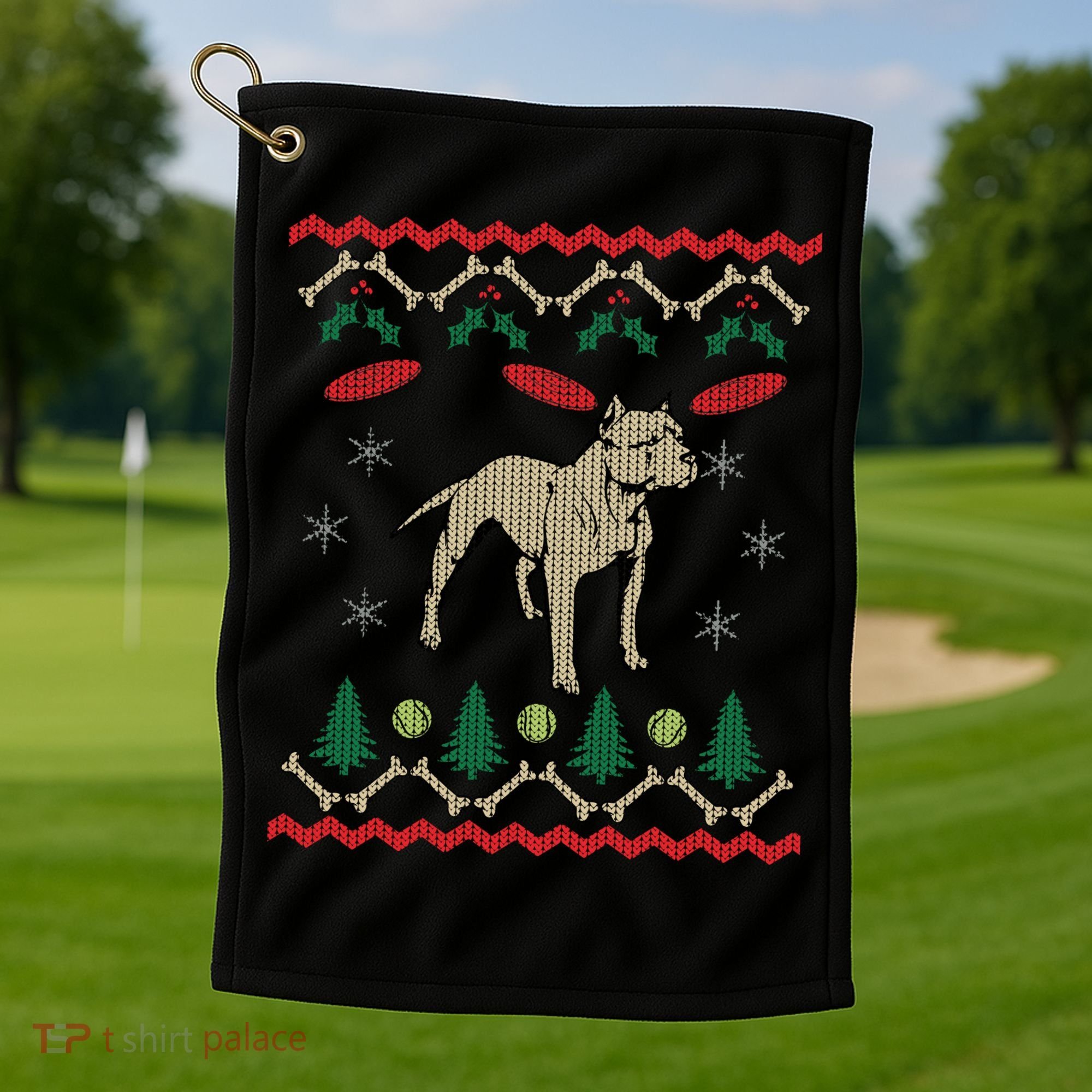 Pitbull Ugly Christmas Sweater Golf Towel
