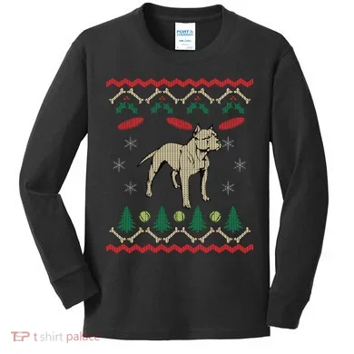 Pitbull Ugly Christmas Sweater Kids Long Sleeve Shirt