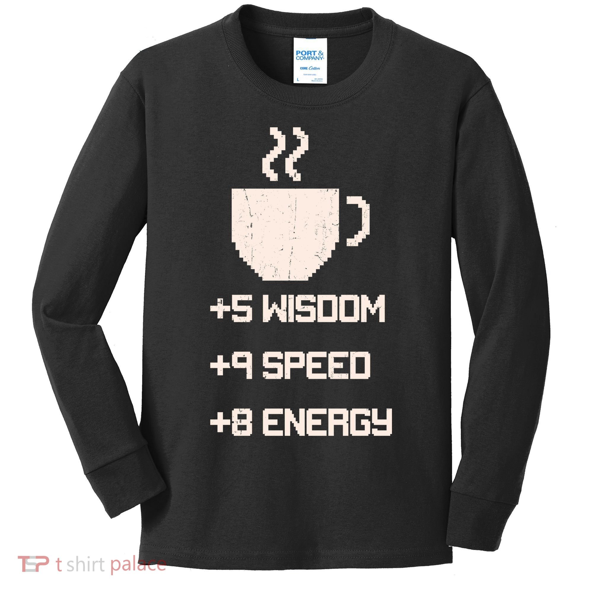 Pixel Coffee Power Up Wisdom Speed Energy Kids Long Sleeve Shirt