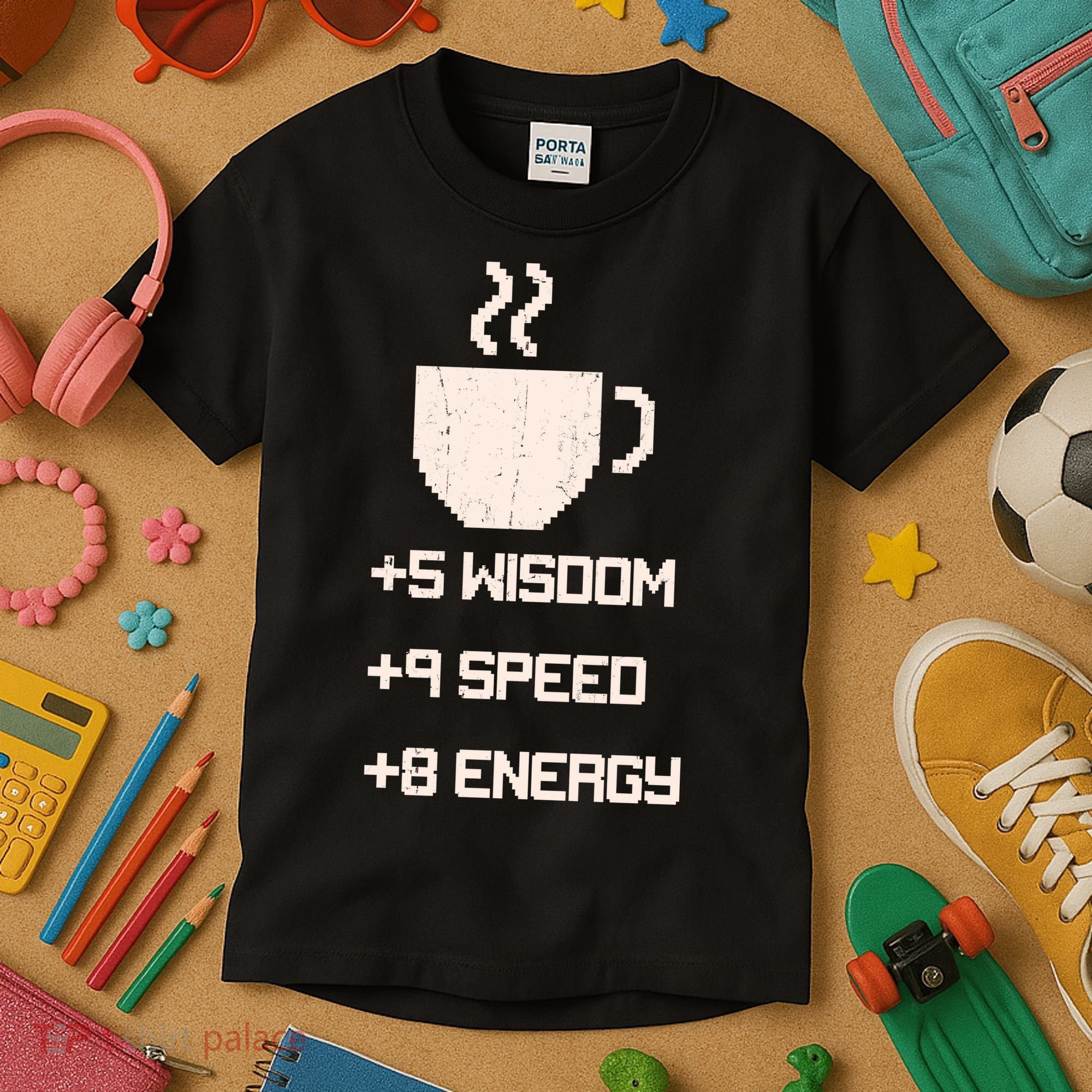 Pixel Coffee Power Up Wisdom Speed Energy Kids T-Shirt