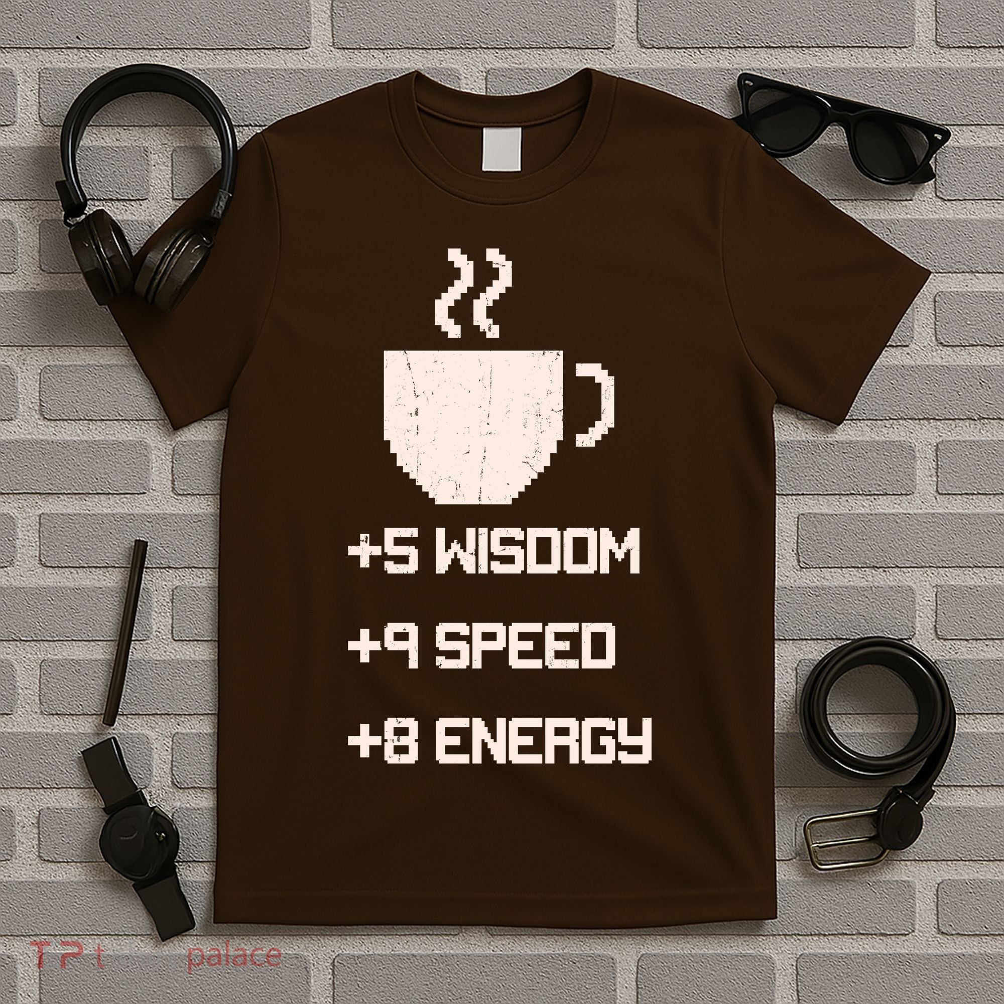 Pixel Coffee Power Up Wisdom Speed Energy T-Shirt