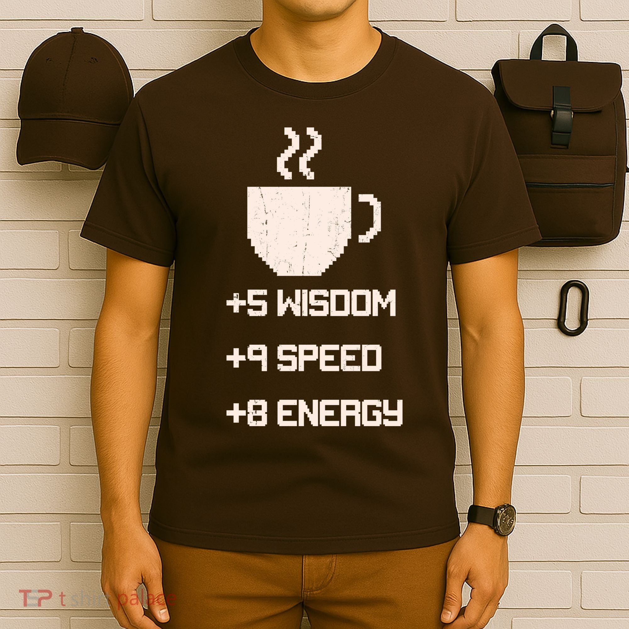 Pixel Coffee Power Up Wisdom Speed Energy T-Shirt