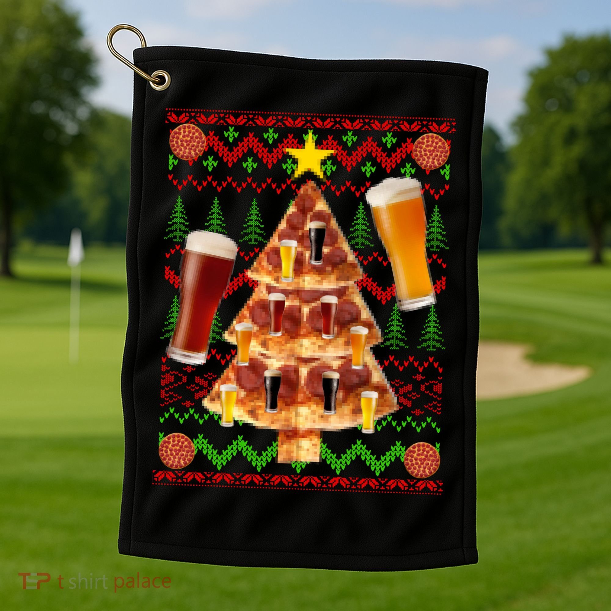 Pizza and Beer Ugly Christmas Sweater Golf Towel