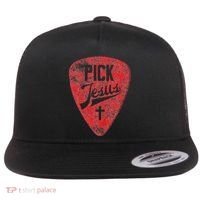 Pick Jesus Christian Music Pastor Guitar Red Pick Flat Bill Trucker Hat thumb 0