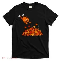 Pumpkin Jumping Into Fall Autumn Leaves T-Shirt thumb 0