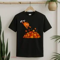 Pumpkin Jumping Into Fall Autumn Leaves T-Shirt thumb 2