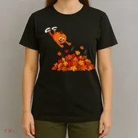 Pumpkin Jumping Into Fall Autumn Leaves T-Shirt thumb 4