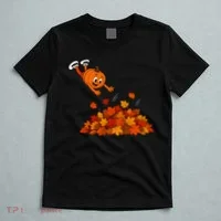 Pumpkin Jumping Into Fall Autumn Leaves T-Shirt thumb 5