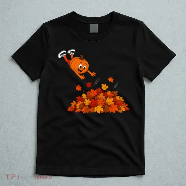 Pumpkin Jumping Into Fall Autumn Leaves T-Shirt