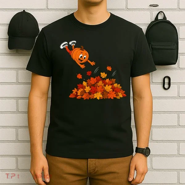 Pumpkin Jumping Into Fall Autumn Leaves T-Shirt