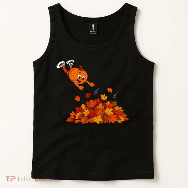 Pumpkin Jumping Into Fall Autumn Leaves Tank Top