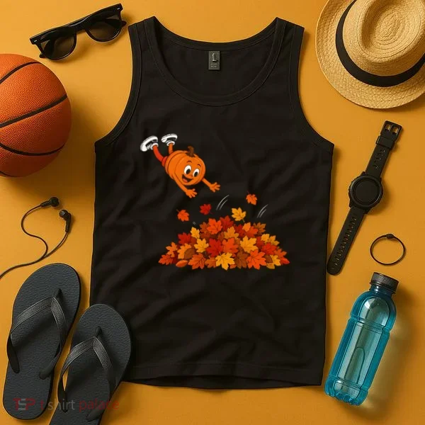 Pumpkin Jumping Into Fall Autumn Leaves Tank Top