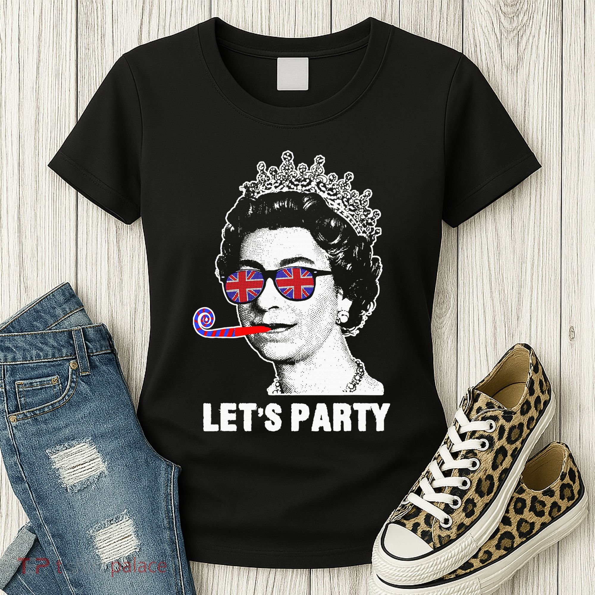 Platinum Jubilee. Queen & Union Jack LetS Party Funny Queen Women's T-Shirt