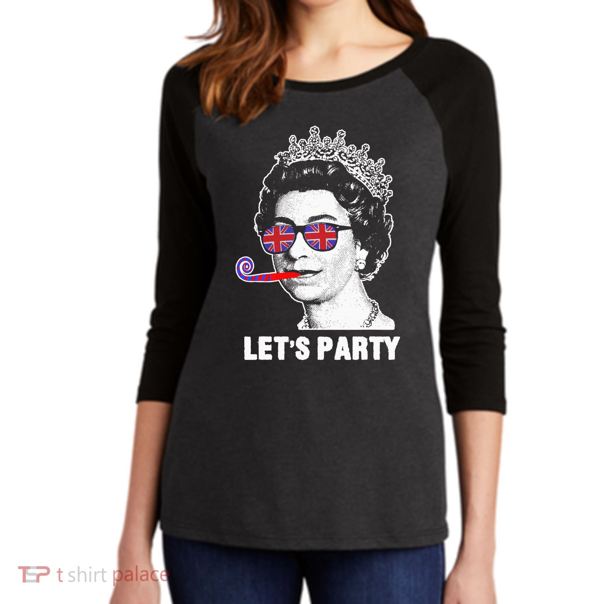 Platinum Jubilee. Queen & Union Jack LetS Party Funny Queen Women's Tri-Blend 3/4-Sleeve Raglan Shirt
