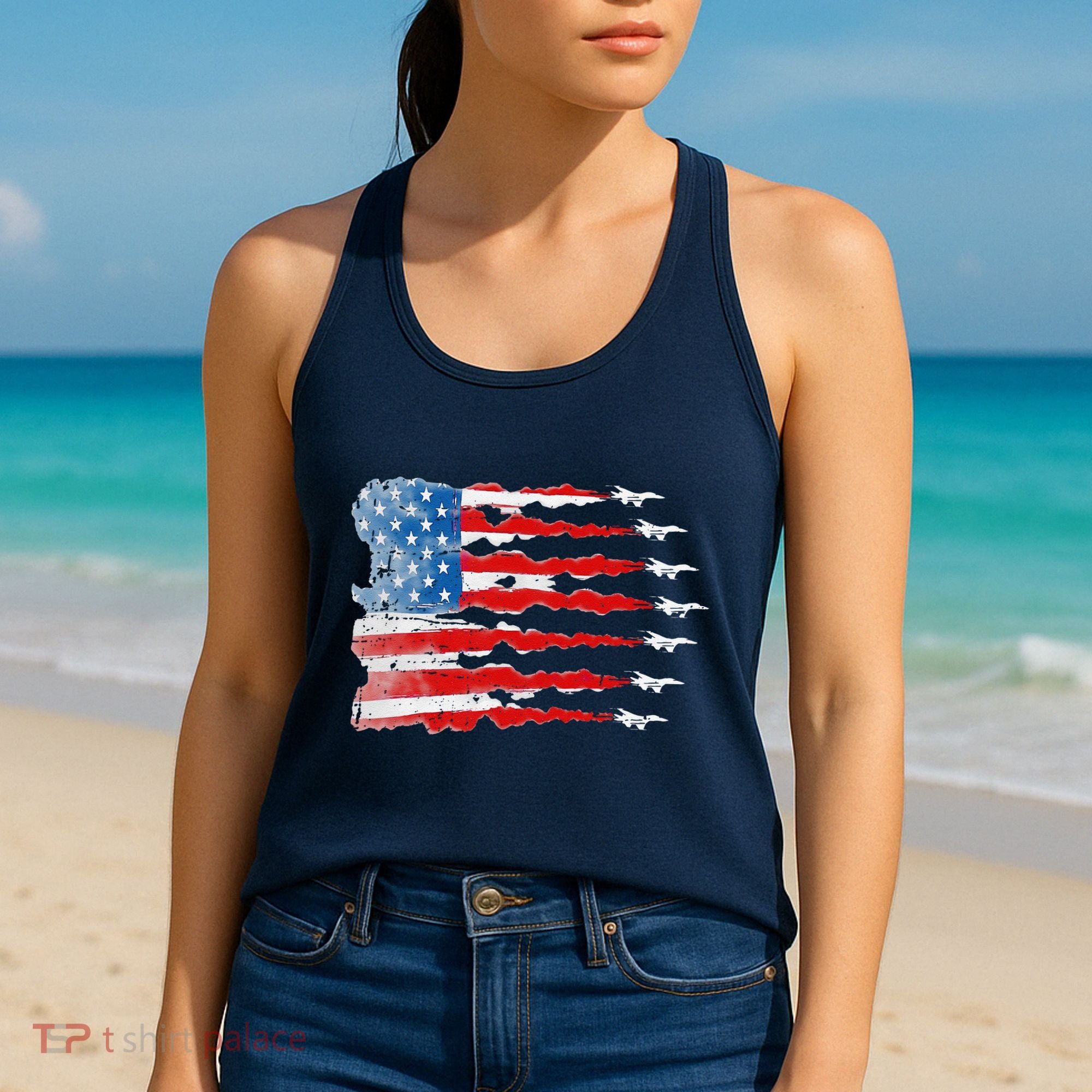 Patriotic Jet Red White Blue Usa Flag 4th Of July Women's Tank Top