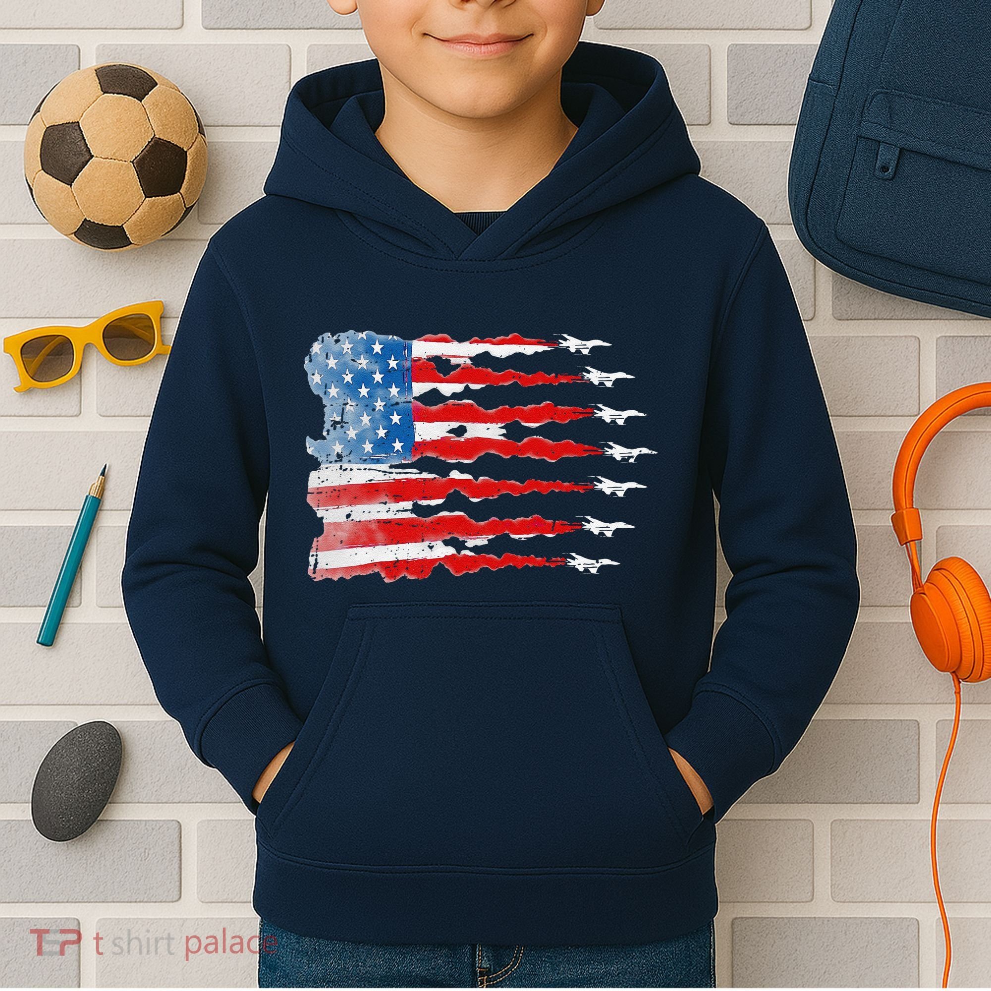 Patriotic Jet Red White Blue Usa Flag 4th Of July Kids Hoodie