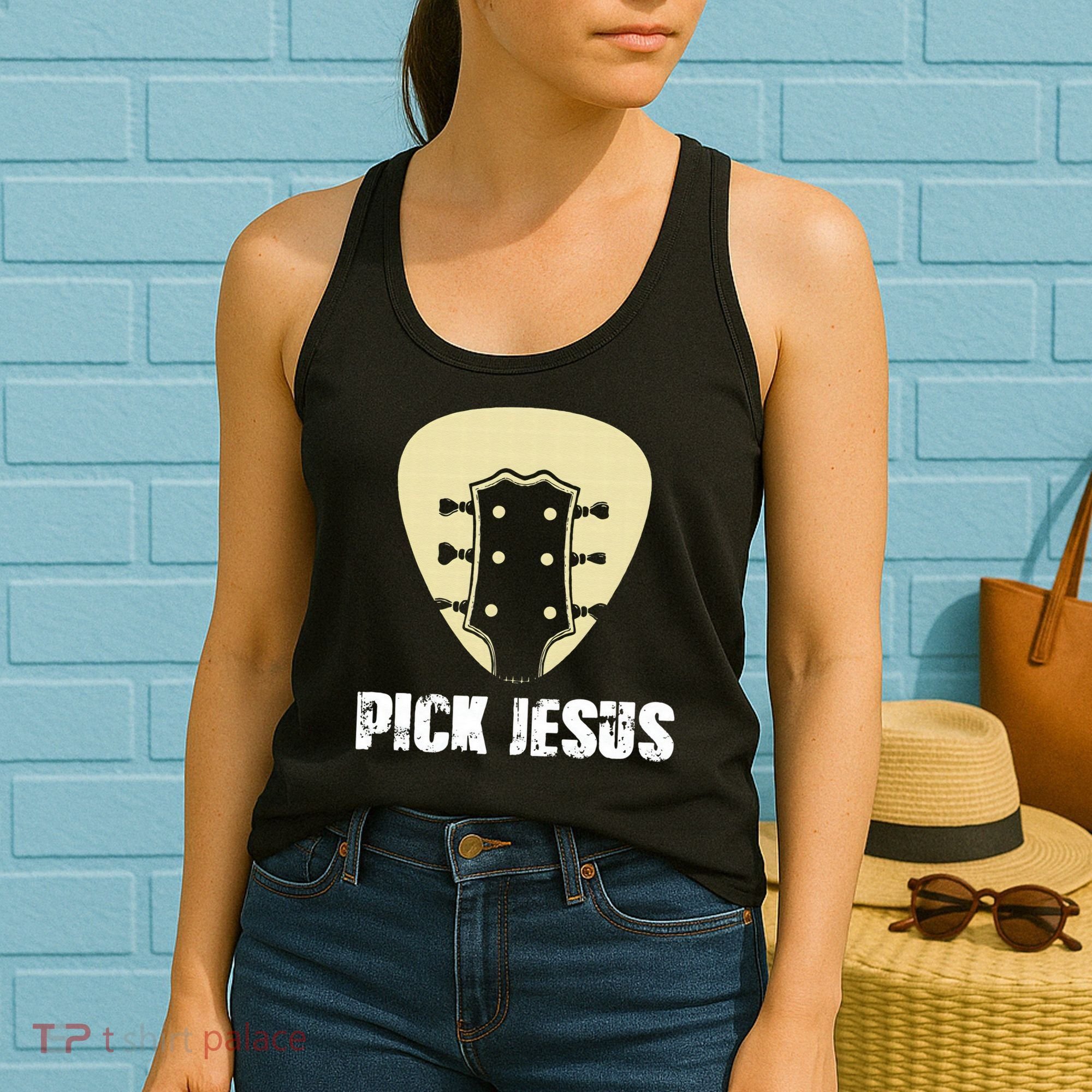 Pick Jesus Religious Musician Idea Guitar Worship Women's Tank Top