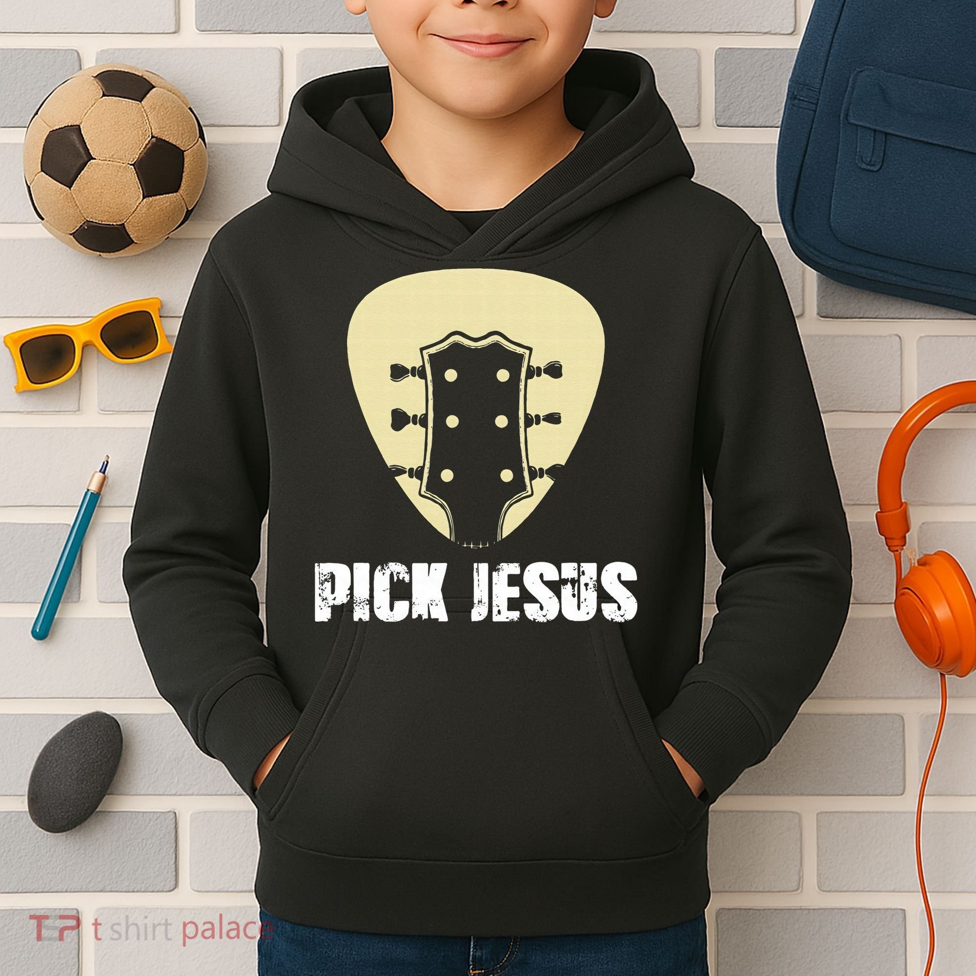 Pick Jesus Religious Musician Idea Guitar Worship Kids Hoodie
