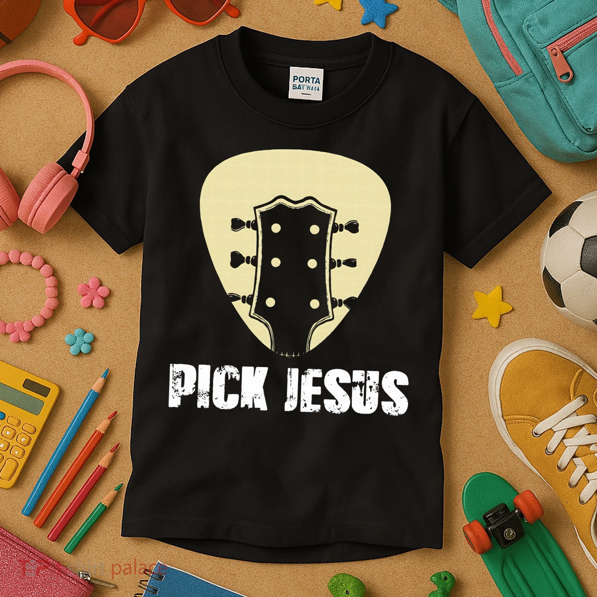Pick Jesus Religious Musician Idea Guitar Worship Kids T-Shirt