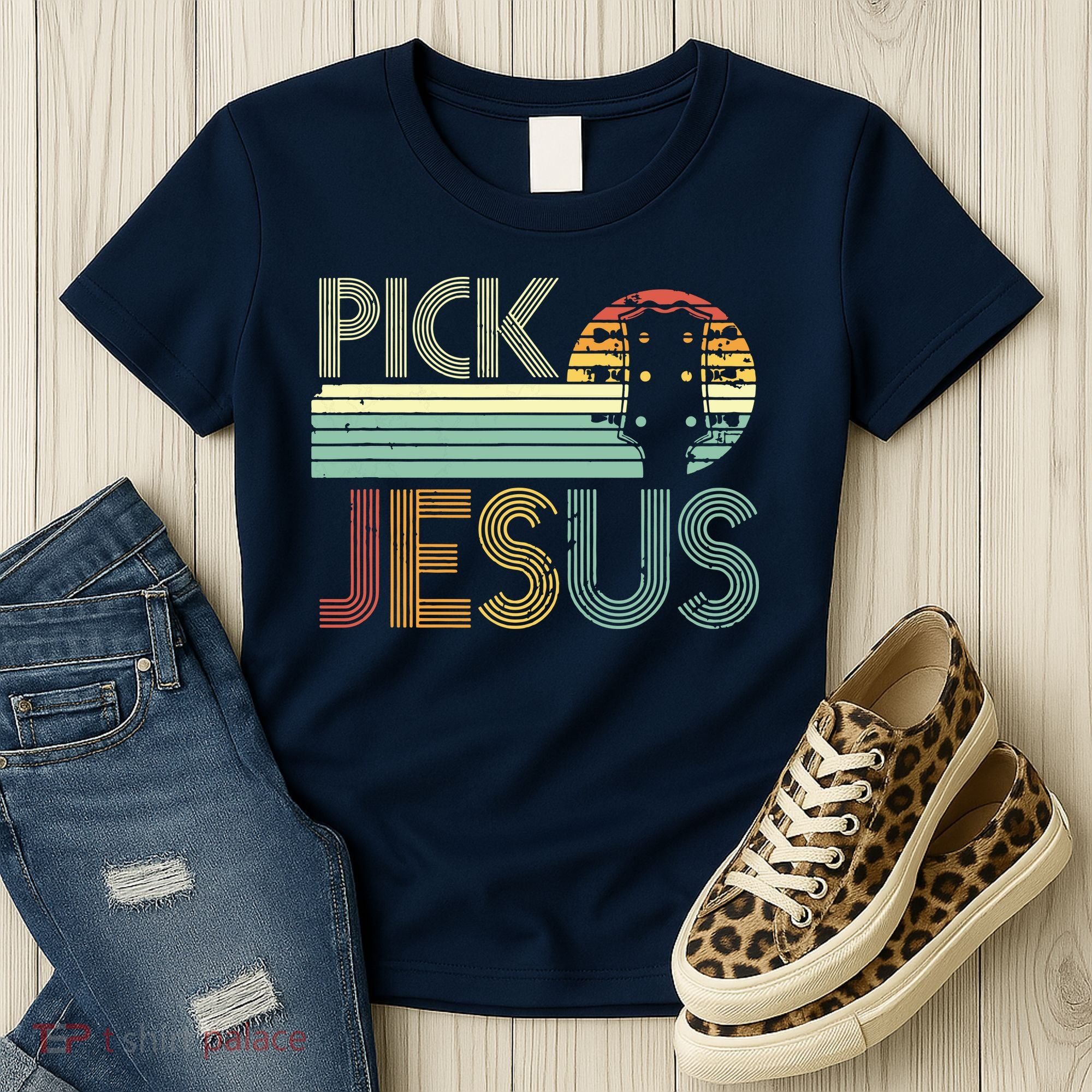 Pick Jesus Religious Musician Idea Guitar Worship Women's T-Shirt