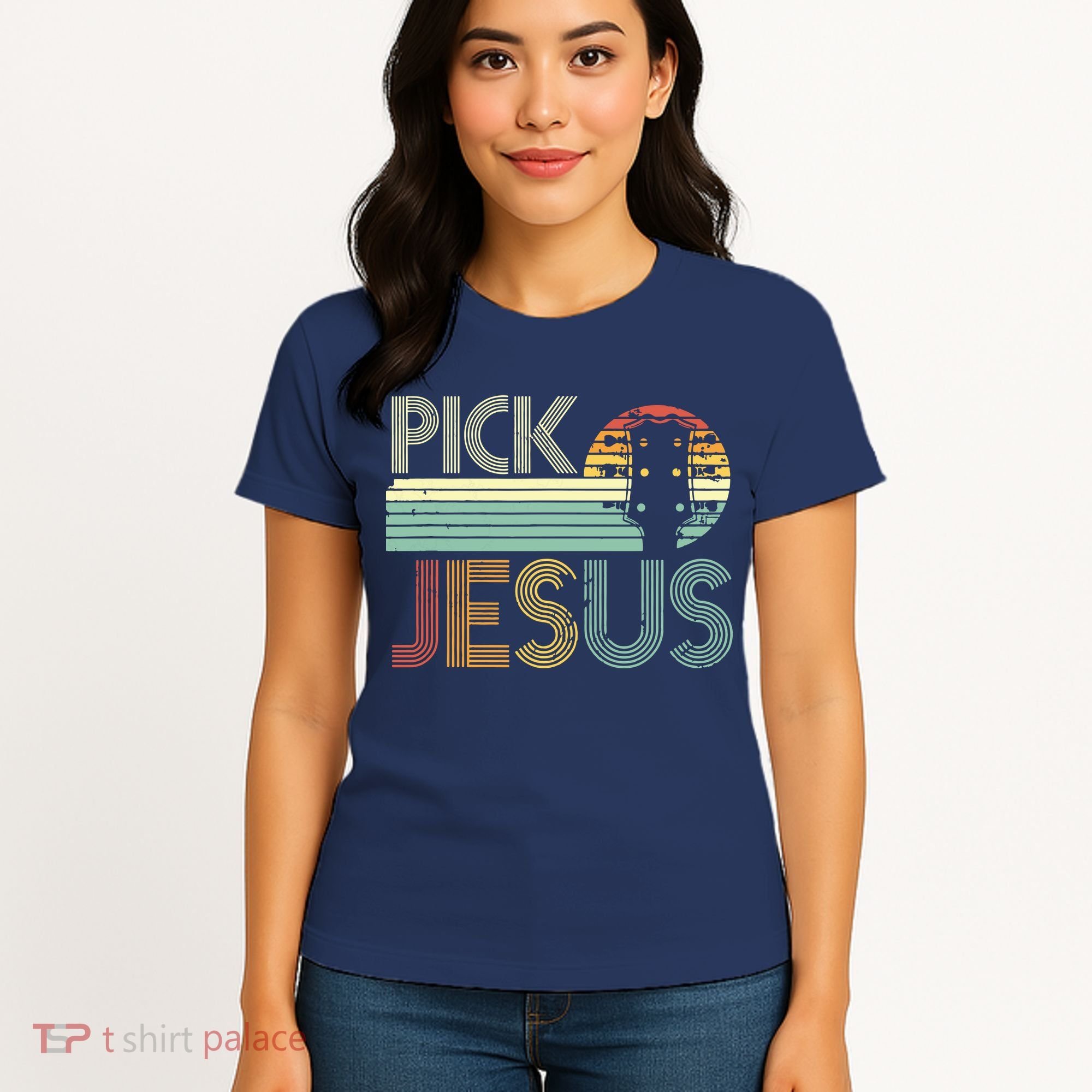 Pick Jesus Religious Musician Idea Guitar Worship Women's T-Shirt
