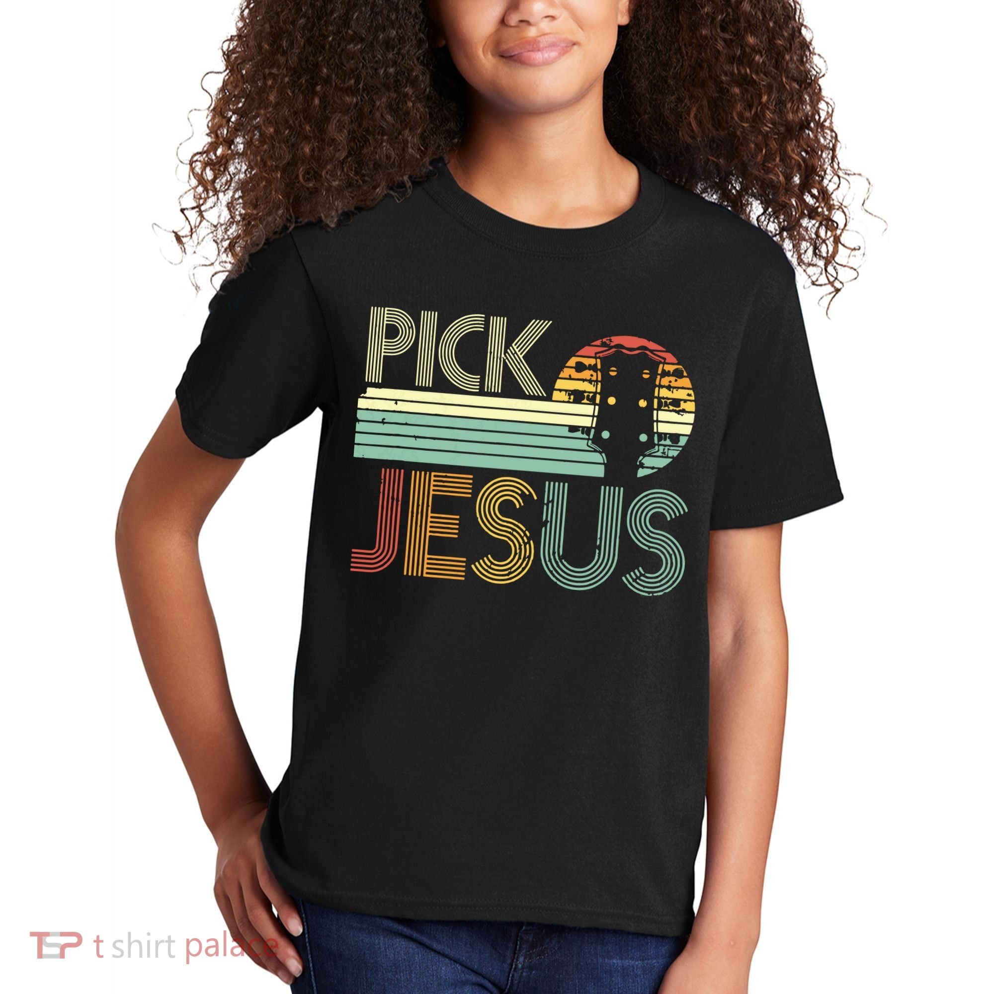 Pick Jesus Religious Musician Idea Guitar Worship Kids T-Shirt