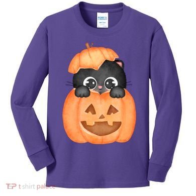 Pumpkin Kitty Cute Halloween Kids Long Sleeve Shirt