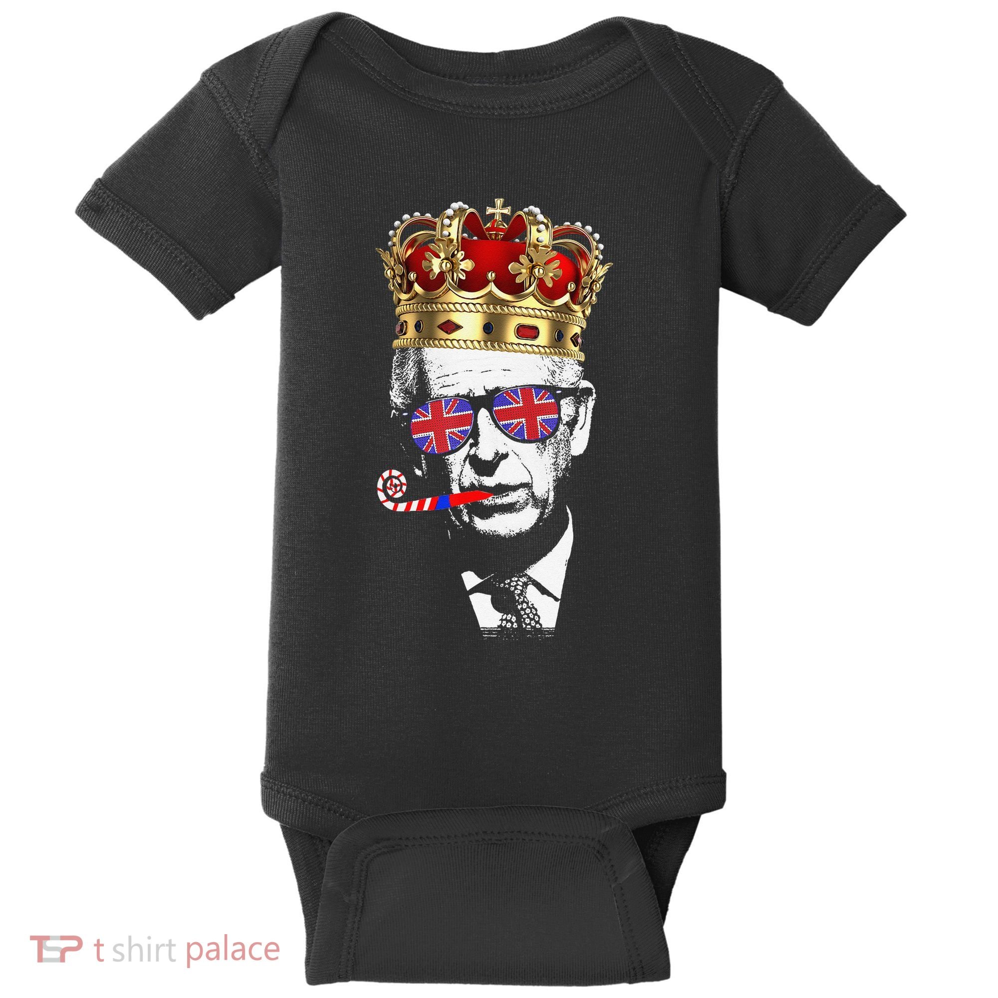 Party King Funny Coronation King Charles Union Jack & Crown Baby Bodysuit
