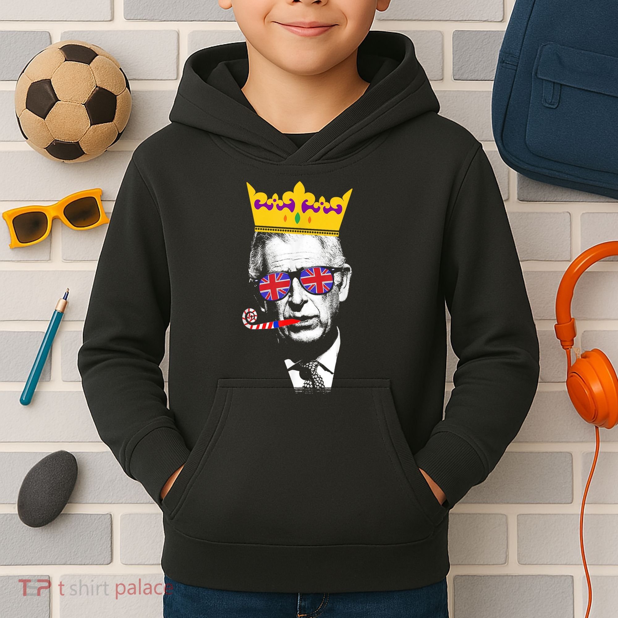 Party King Funny Coronation King Charles Union Jack & Crown Kids Hoodie