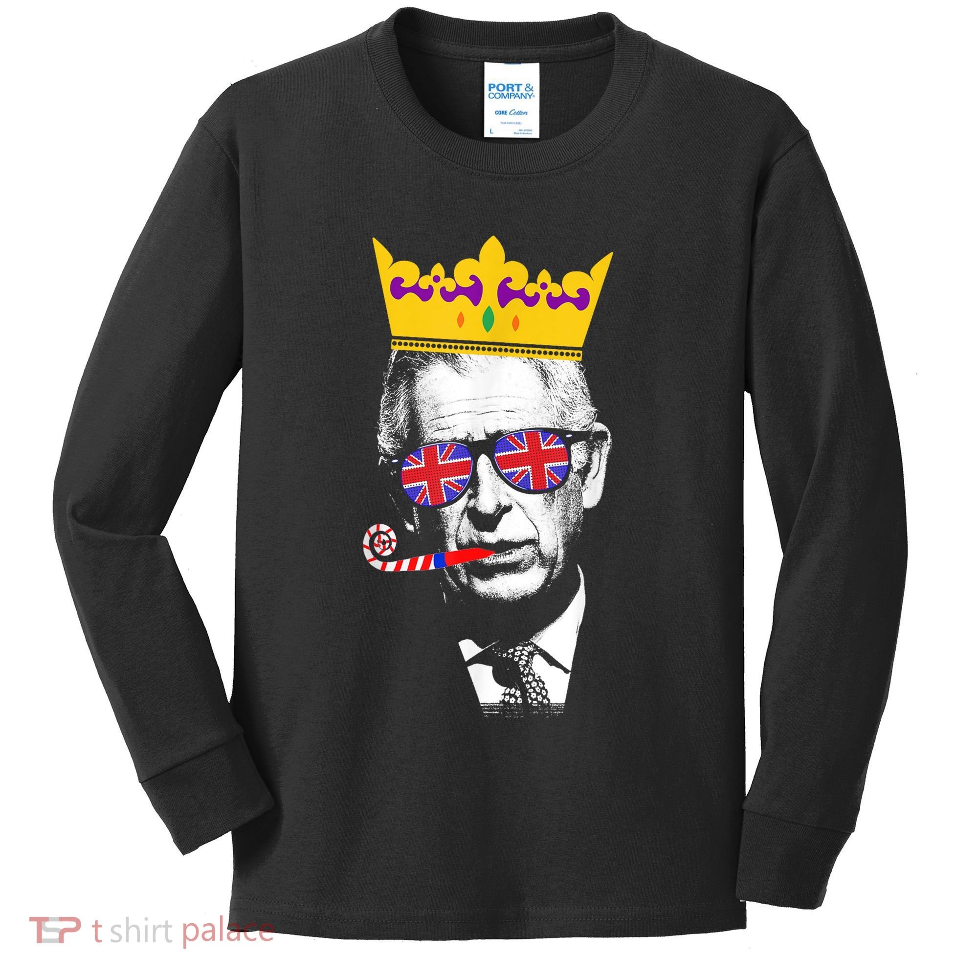 Party King Funny Coronation King Charles Union Jack & Crown Kids Long Sleeve Shirt