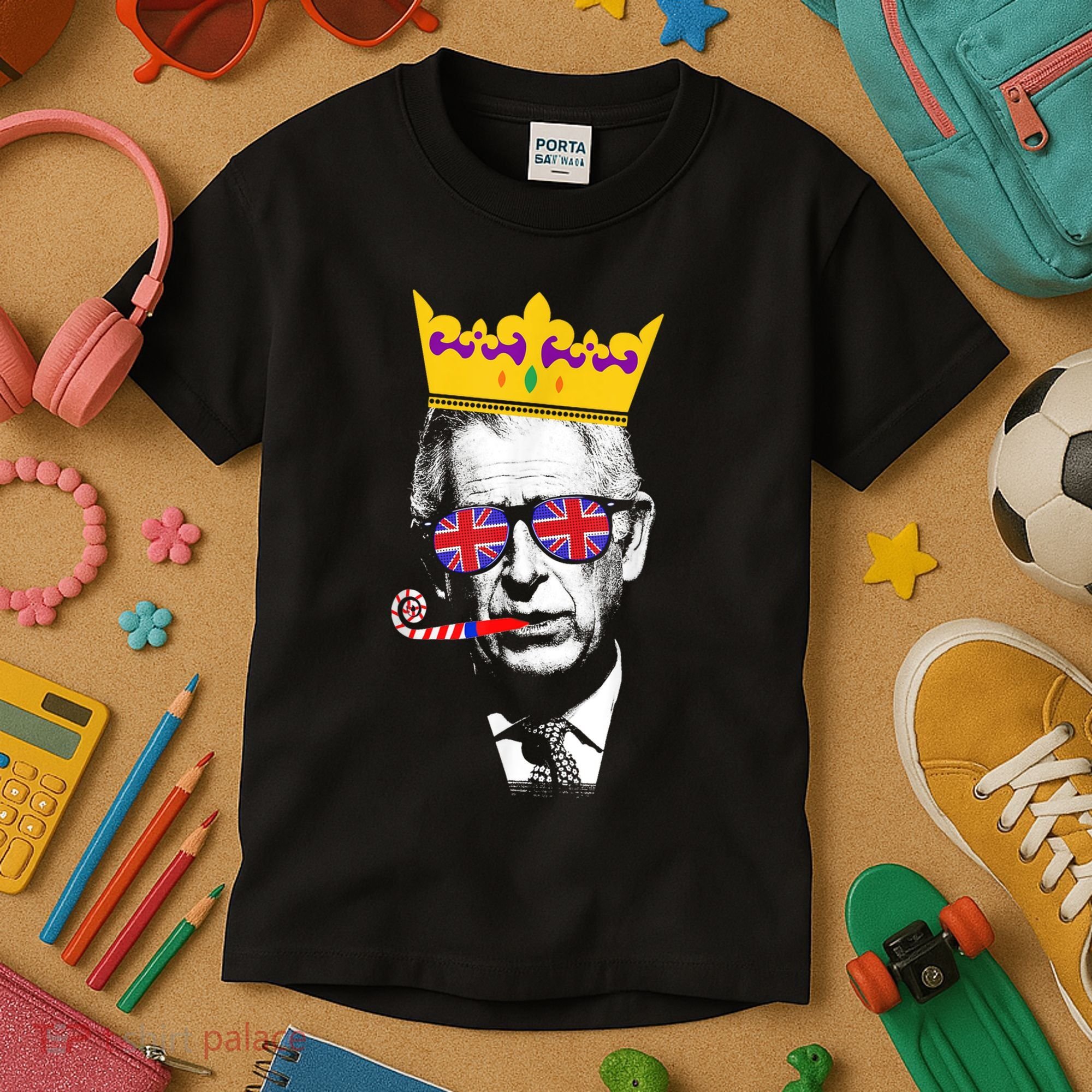 Party King Funny Coronation King Charles Union Jack & Crown Kids T-Shirt