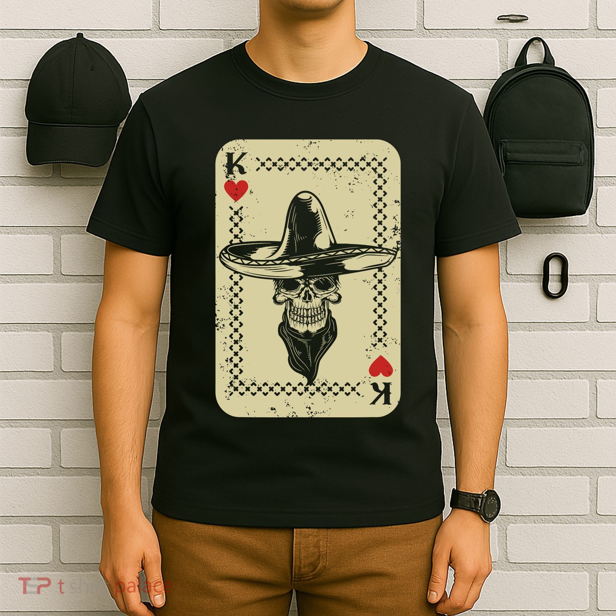 Poker King Mexico Sugar Skull Calavera Cards Player Cowboy T-Shirt