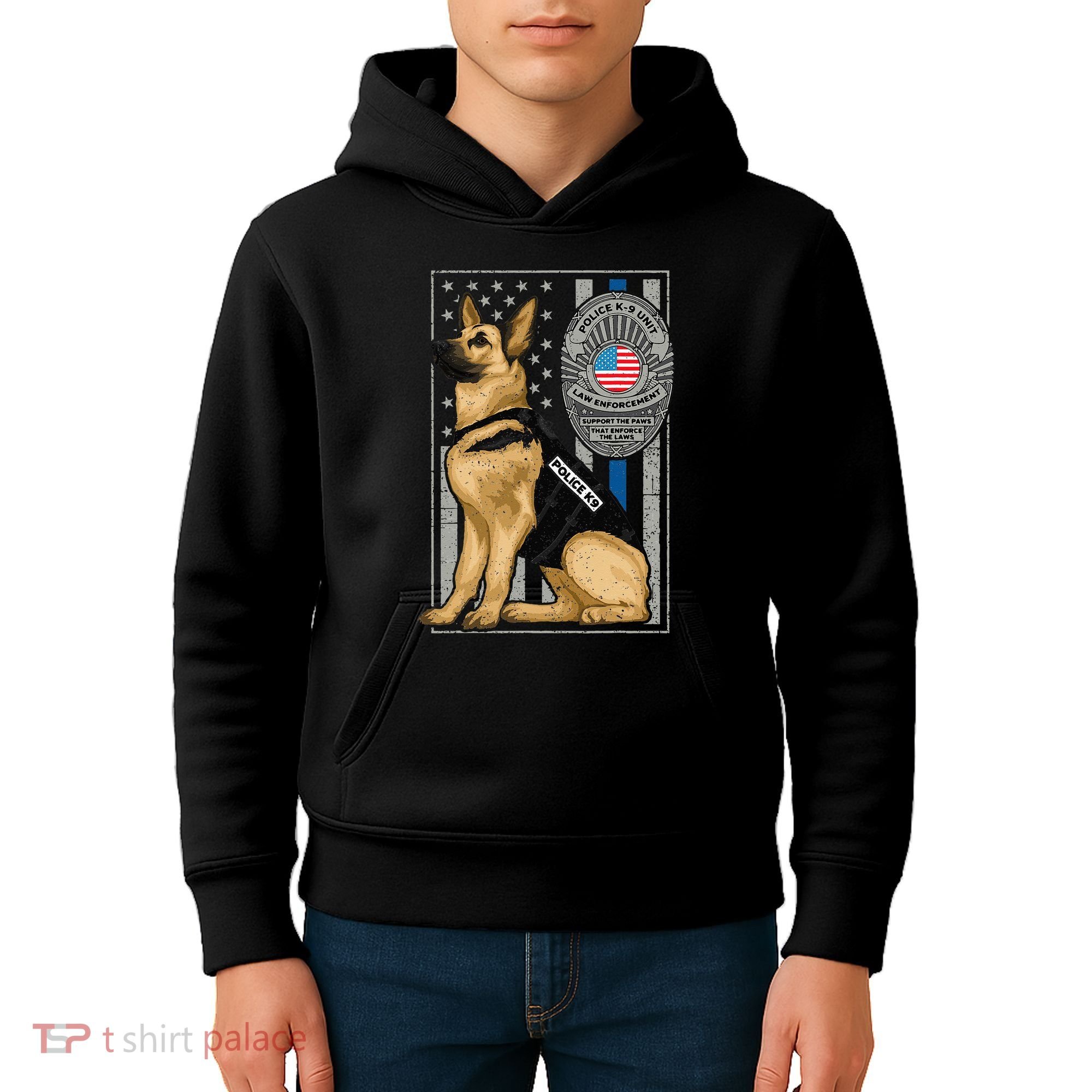 Police K9 Unit German Shepherd Dog Thin Blue Line Kids Hoodie