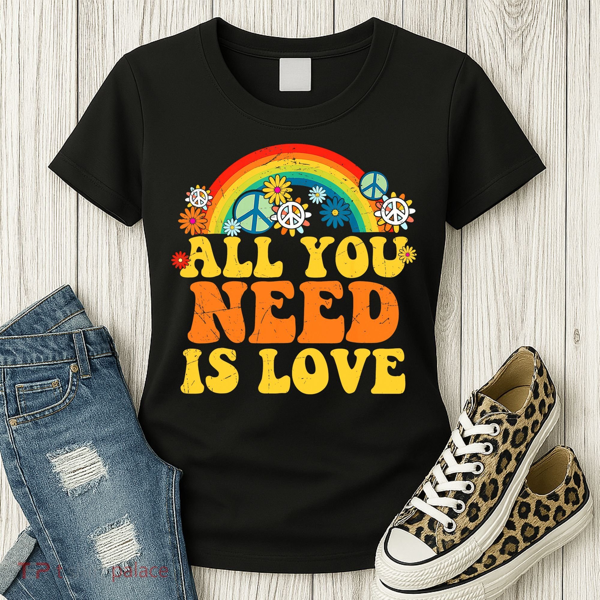 PEACE LOVE 60s 70s Tie Dye Groovy Hippie Costume Women's T-Shirt