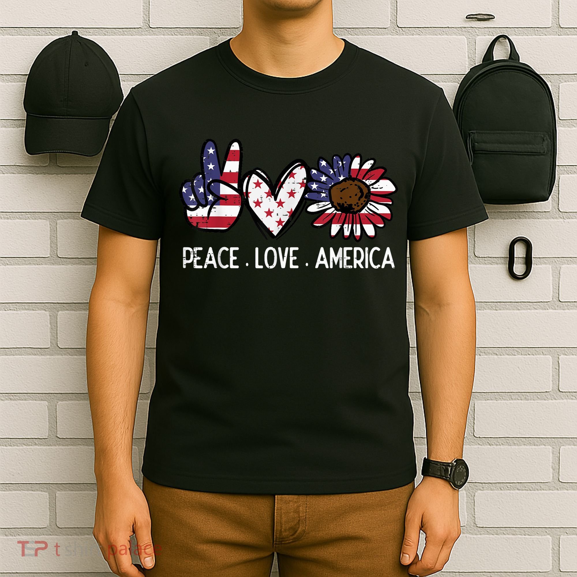 Peace Love America US Flag Fourth Womens 4th Of July Patriot T-Shirt