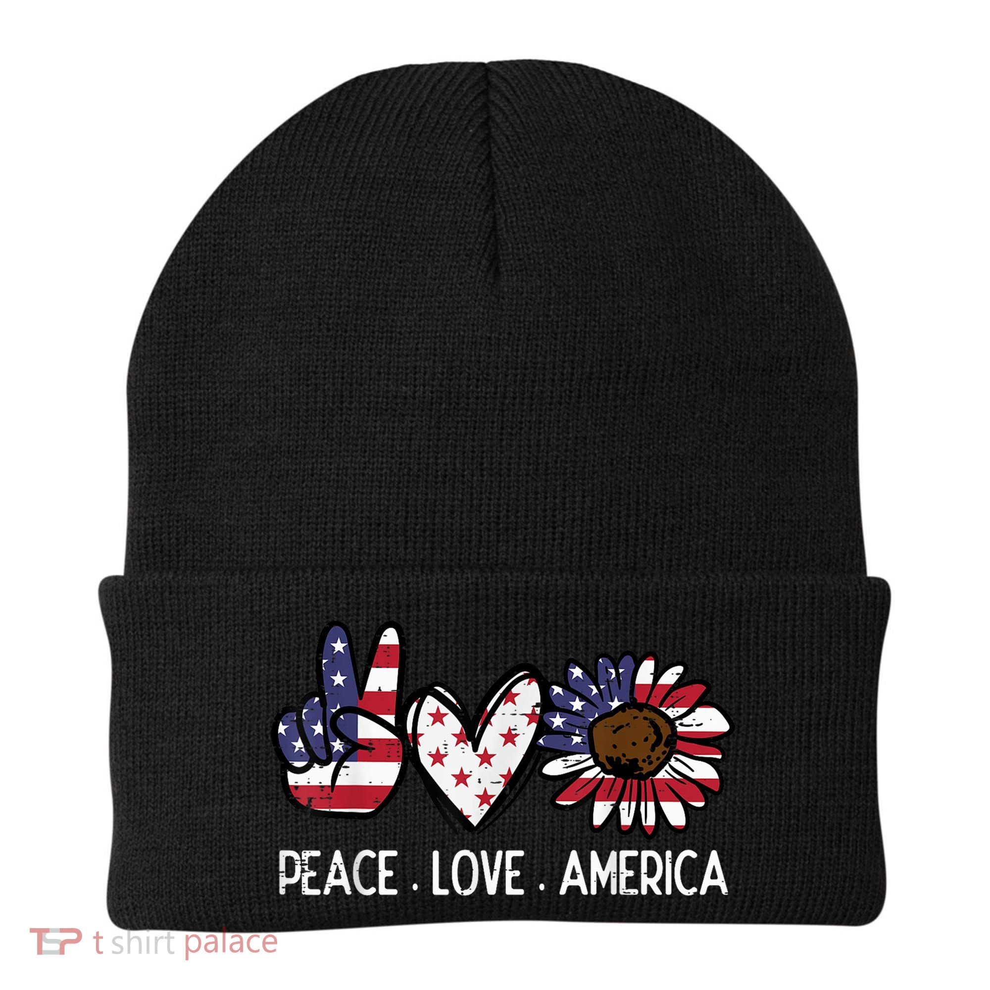 Peace Love America US Flag Fourth Womens 4th Of July Patriot Beanie