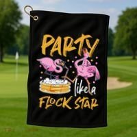 Party Like A Flock Star Flamingos In Kiddie Pool Golf Towel thumb 1