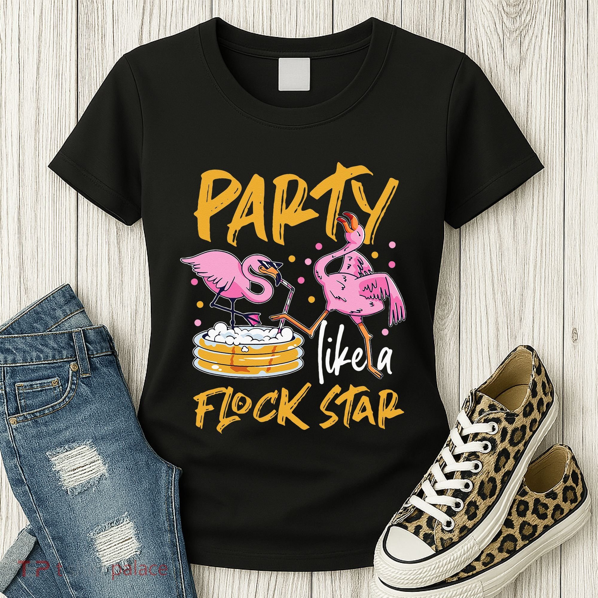 Party Like A Flock Star Flamingos In Kiddie Pool Women's T-Shirt