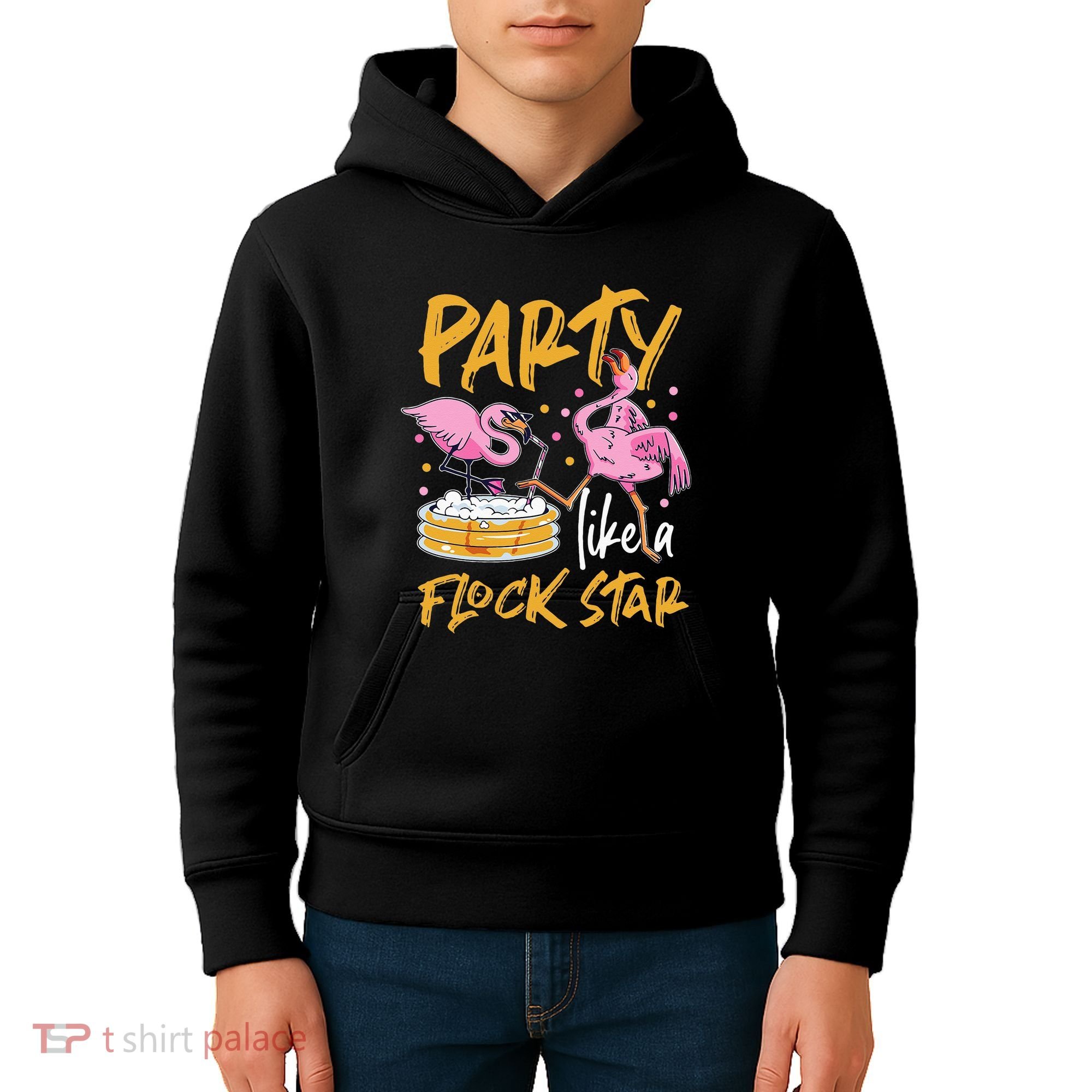 Party Like A Flock Star Flamingos In Kiddie Pool Kids Hoodie