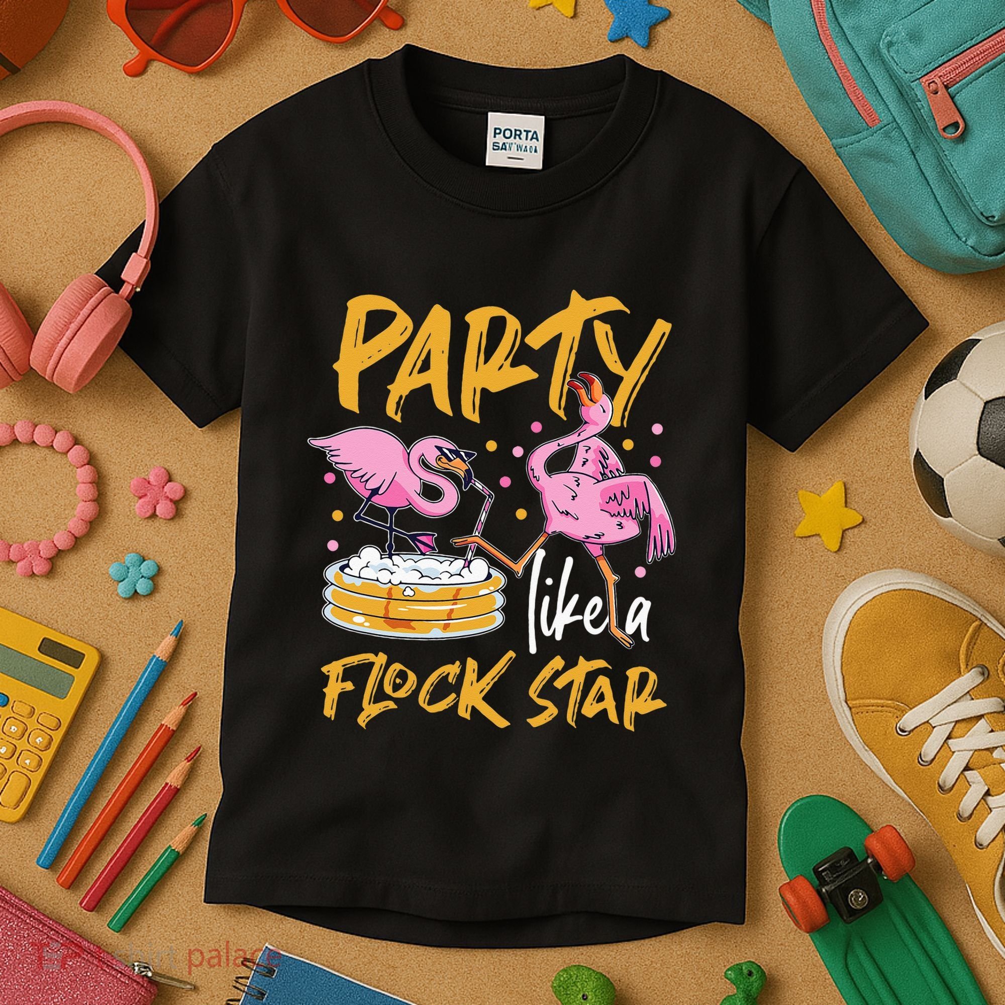 Party Like A Flock Star Flamingos In Kiddie Pool Kids T-Shirt